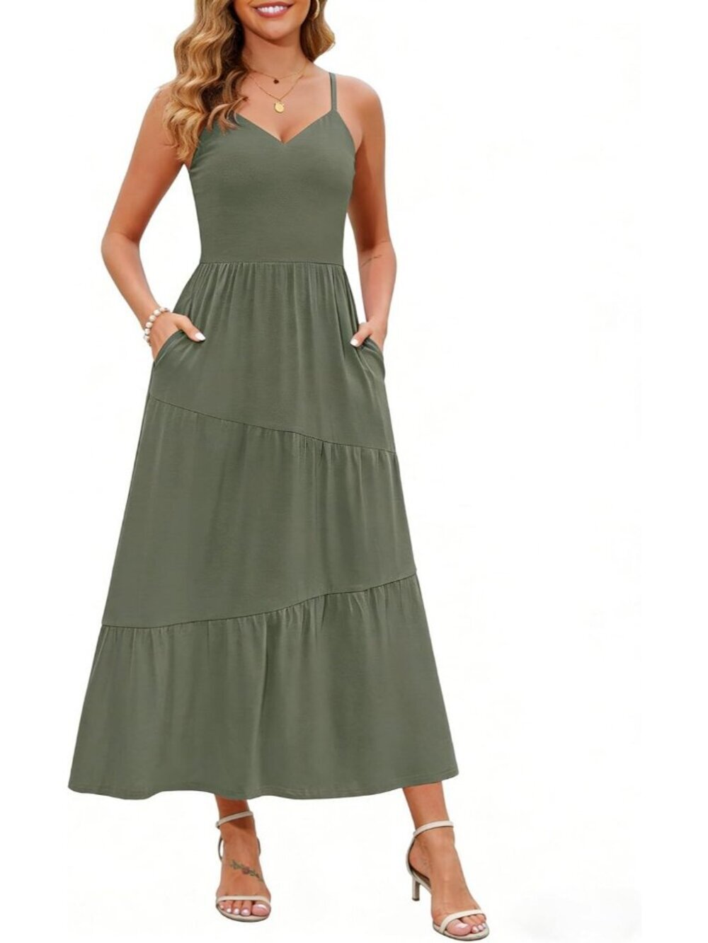 Women's Olive Green Beach Sundress  Neck Spaghetti Long Strap Pockets Maxi Dress